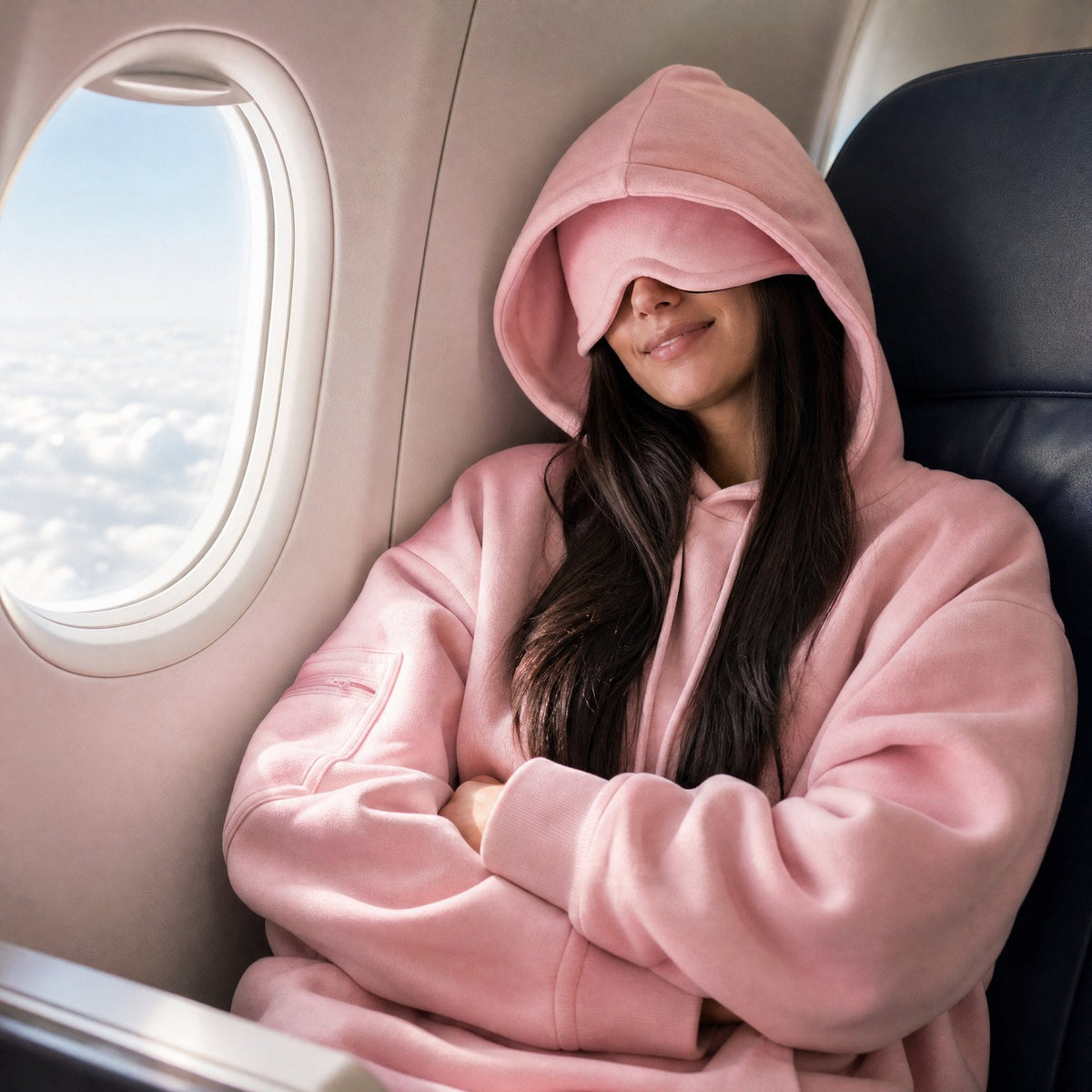 Sleeping on a plane with the built-in eye mask