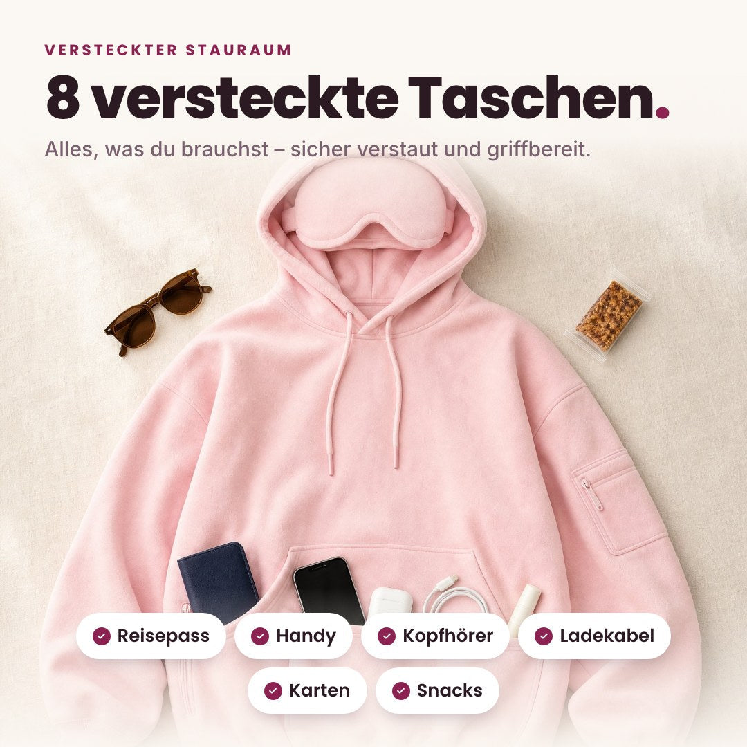 8 versteckte Taschen für Reisepass, Handy, Kopfhörer und mehr