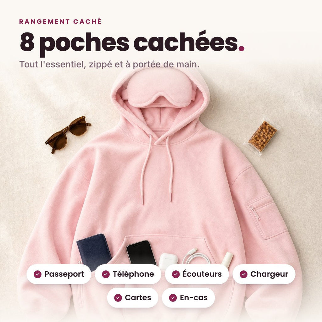 8 poches cachées pour passeport, téléphone, écouteurs et plus