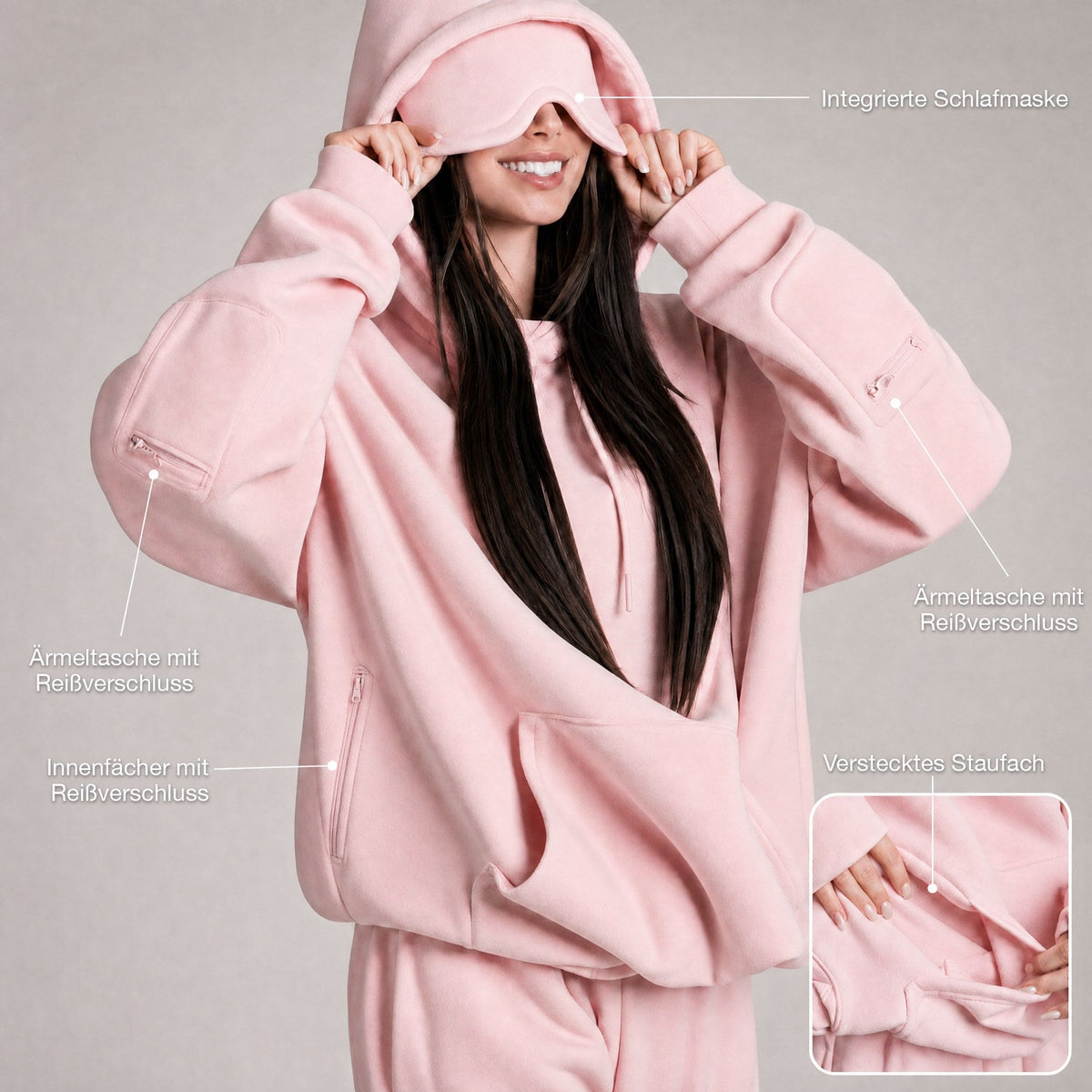 Airplane Mode Reise-Hoodie in Rosa: integrierte Schlafmaske und versteckte Taschen