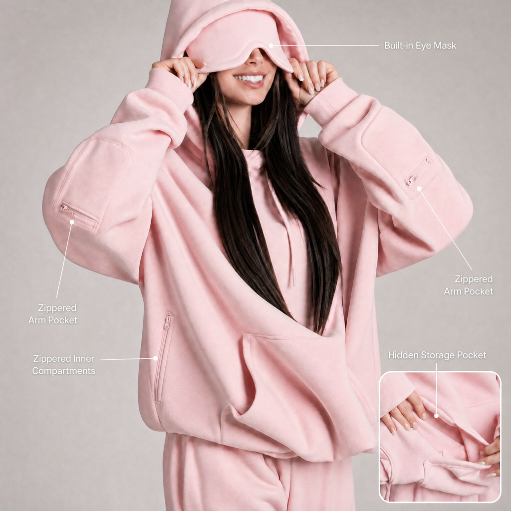 Pink Airplane Mode Travel Hoodie with built-in eye mask and hidden pockets