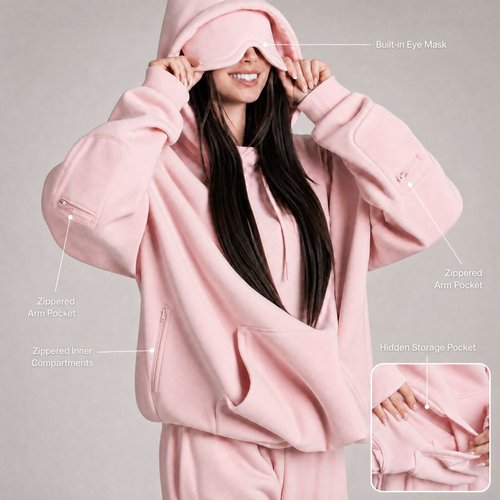 Pink Airplane Mode Travel Hoodie with built-in eye mask and hidden pockets